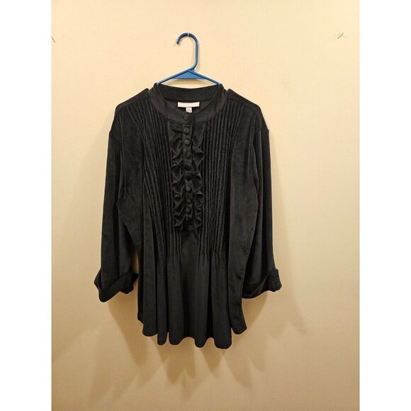 NWOT WOMAN WITHIN Velour Ruffle Tunic Pintucked 3/4 Sleeve Black Size L (18-20) - Picture 1 of 7